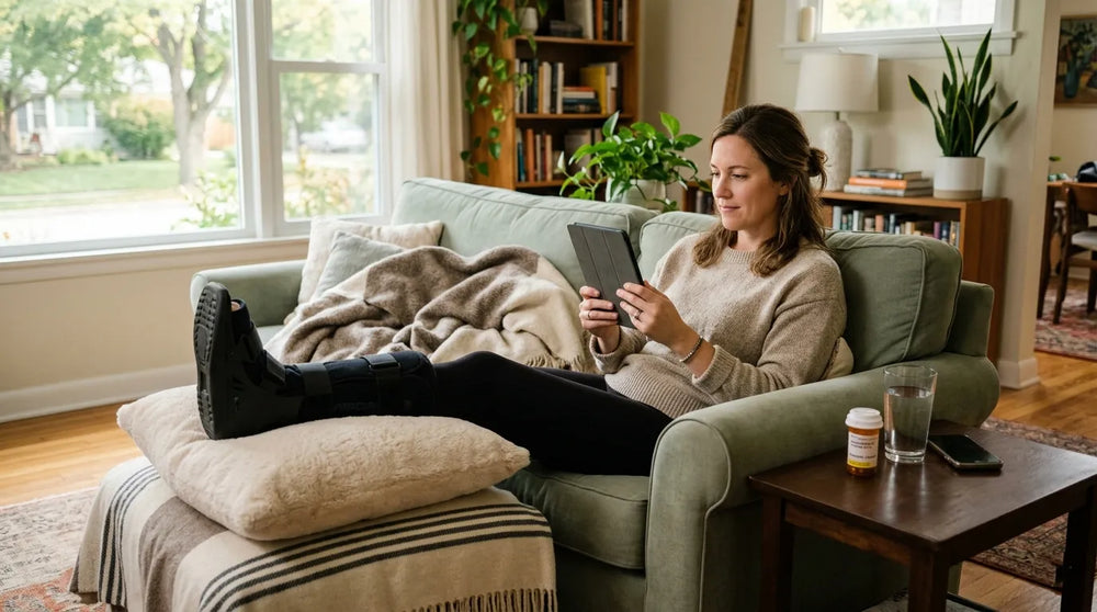 Person recovering from Achilles tendon surgery at home, leg elevated in a walking boot, resting calmly on a couch