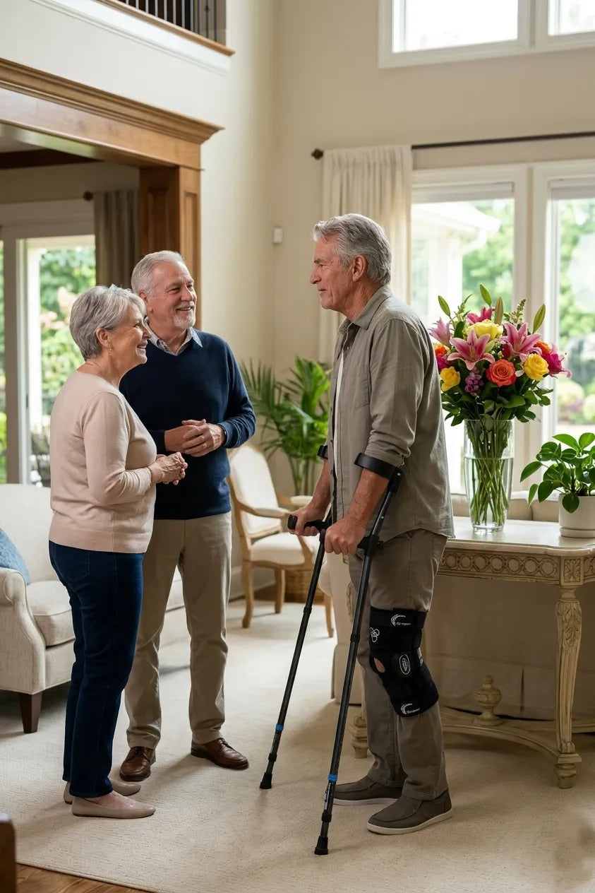 Older patient using ergonomic crutches and walking comfortably during knee replacement recovery