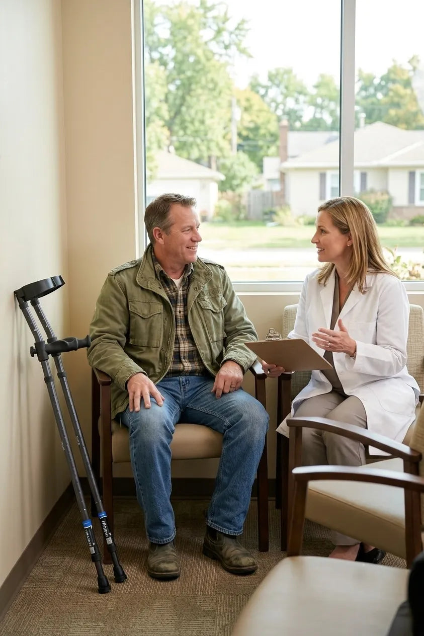 veteran with in motion forearm crutches