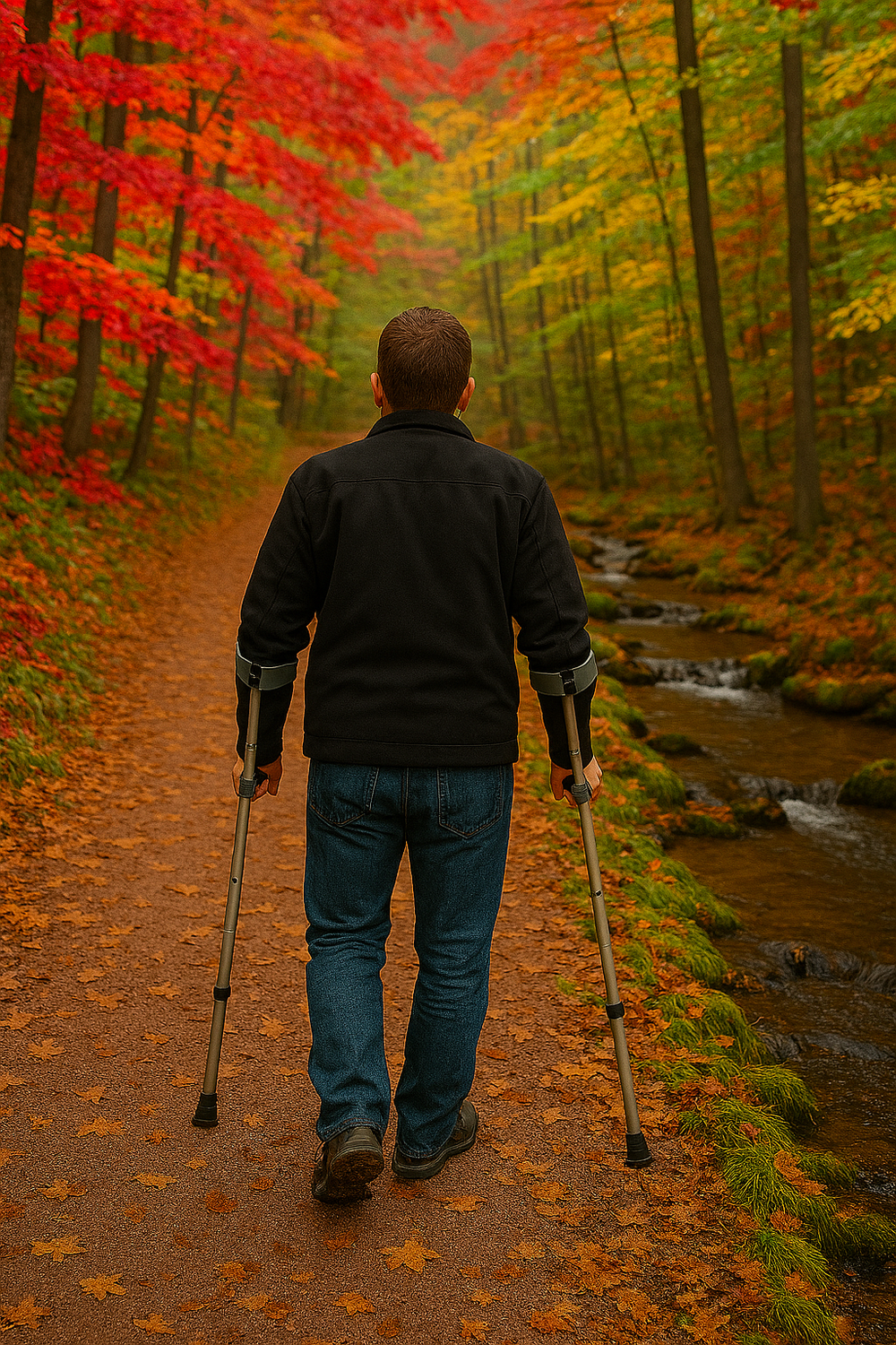 Person on crutches walks through autumn forest path.