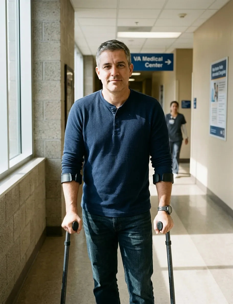 Veteran at VA with in motion forearm crutches