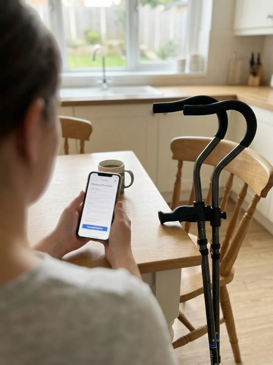 woman purchasing in motion pro underarm crutches with hsa fsa card