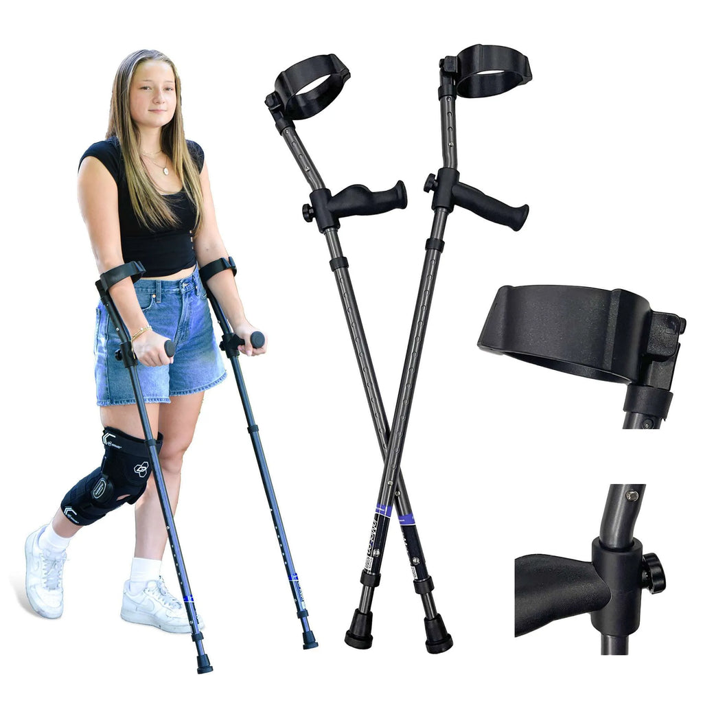 Woman using forearm crutches with knee brace.