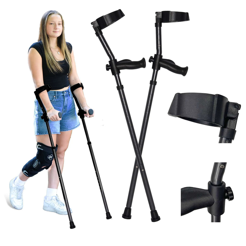 Woman using forearm crutches and knee support brace.