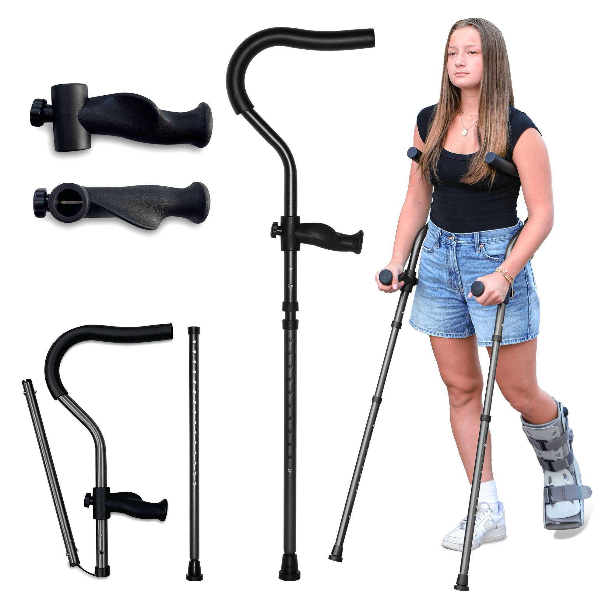 Woman using crutches with boot, crutch assembly shown.
