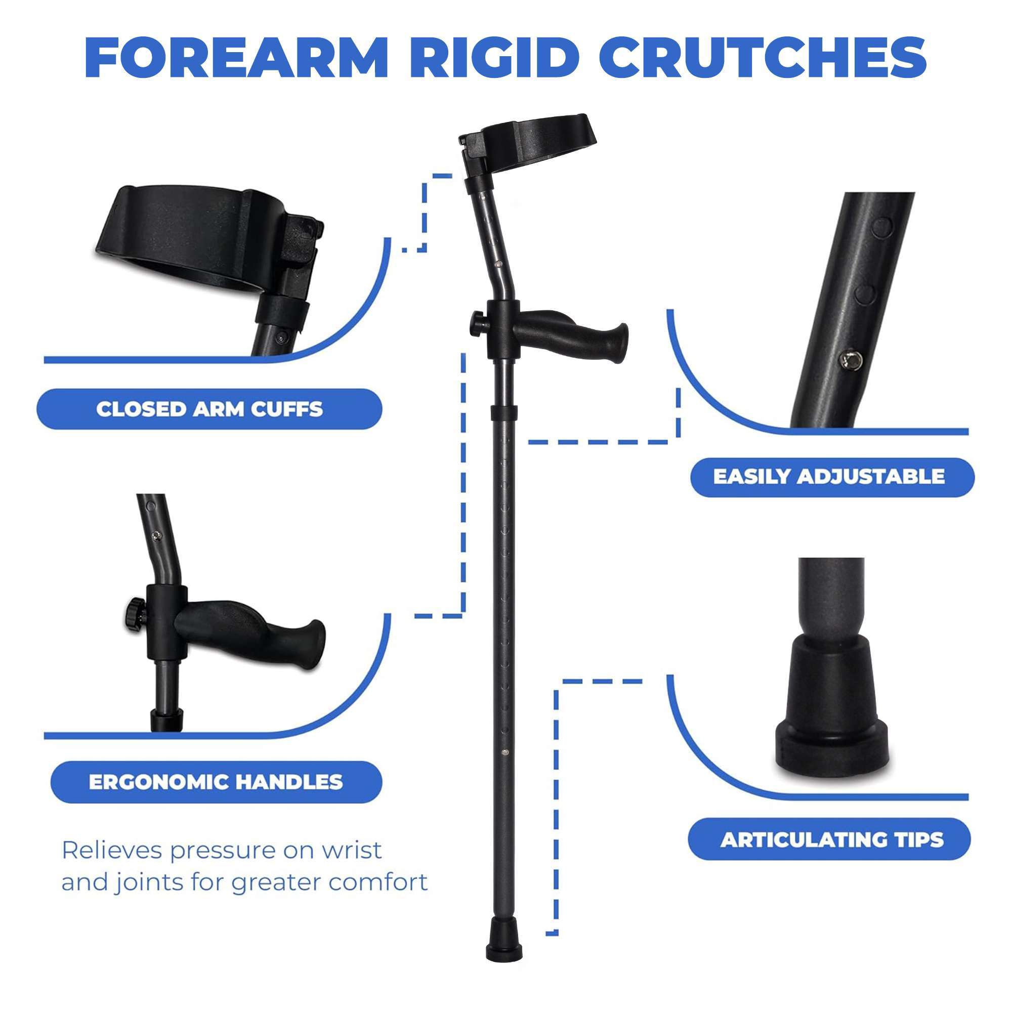 Forearm crutches with ergonomic handles, adjustable, durable.