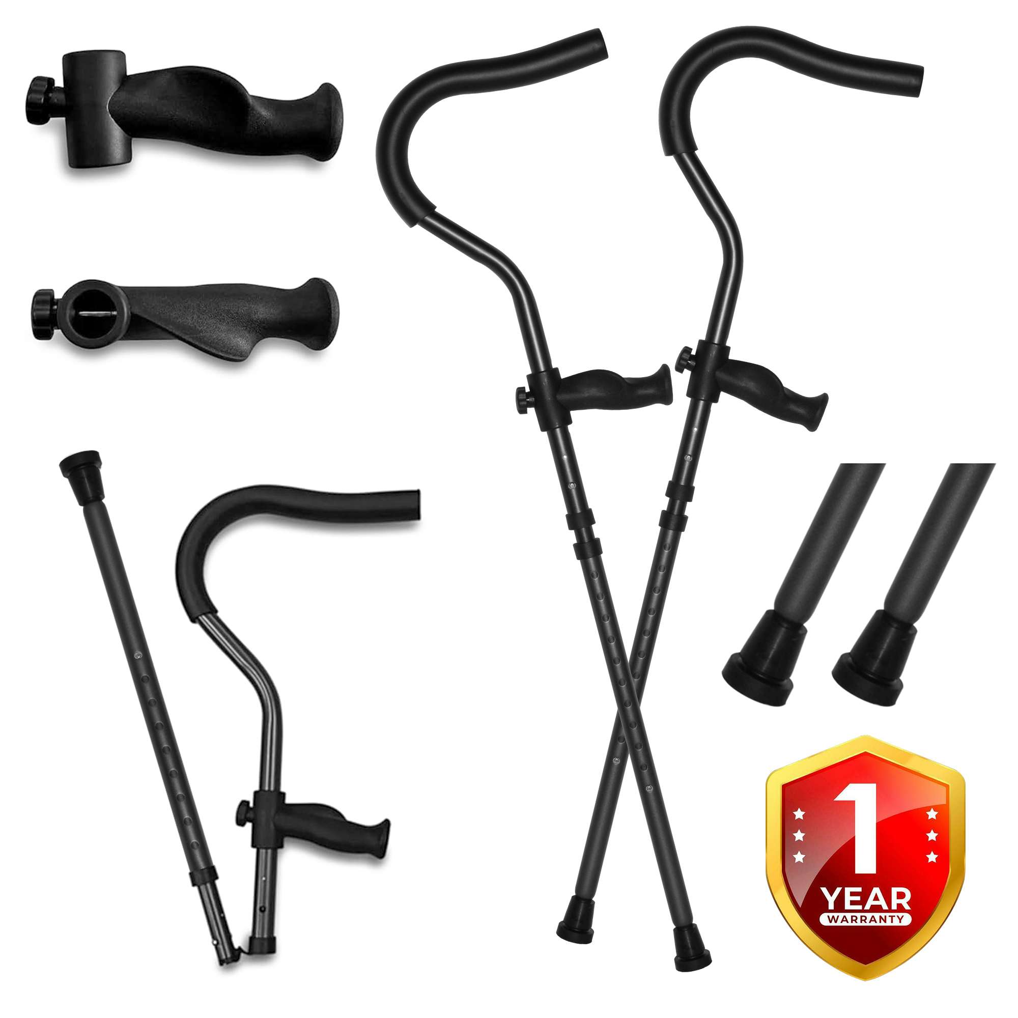 Adjustable ergonomic black walking cane with warranty badge.