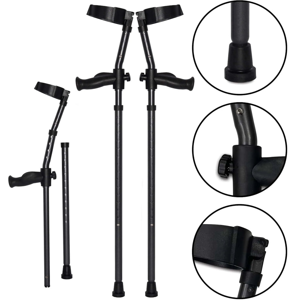 Adjustable black forearm crutches with rubber tips.