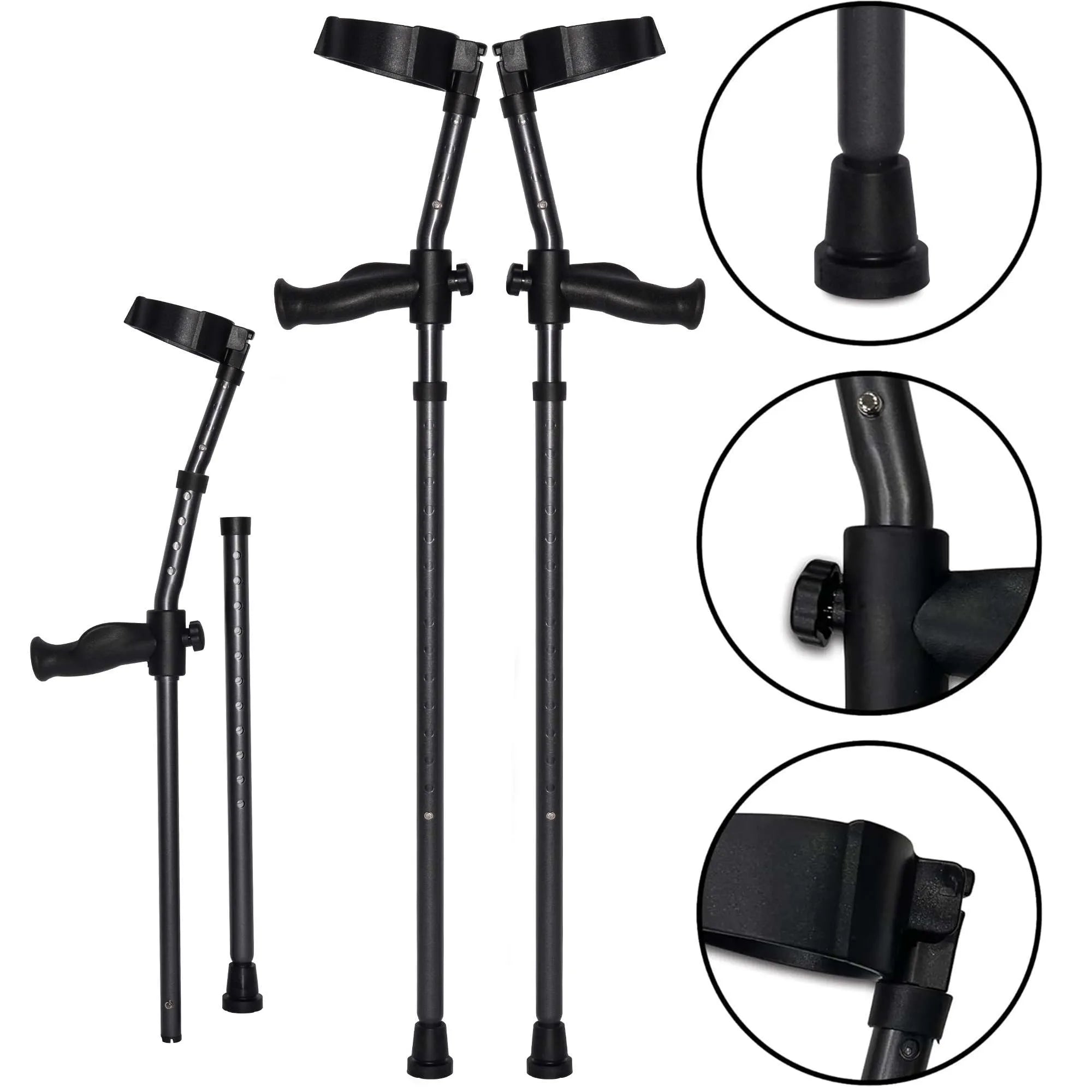 Adjustable black forearm crutches with rubber tips.