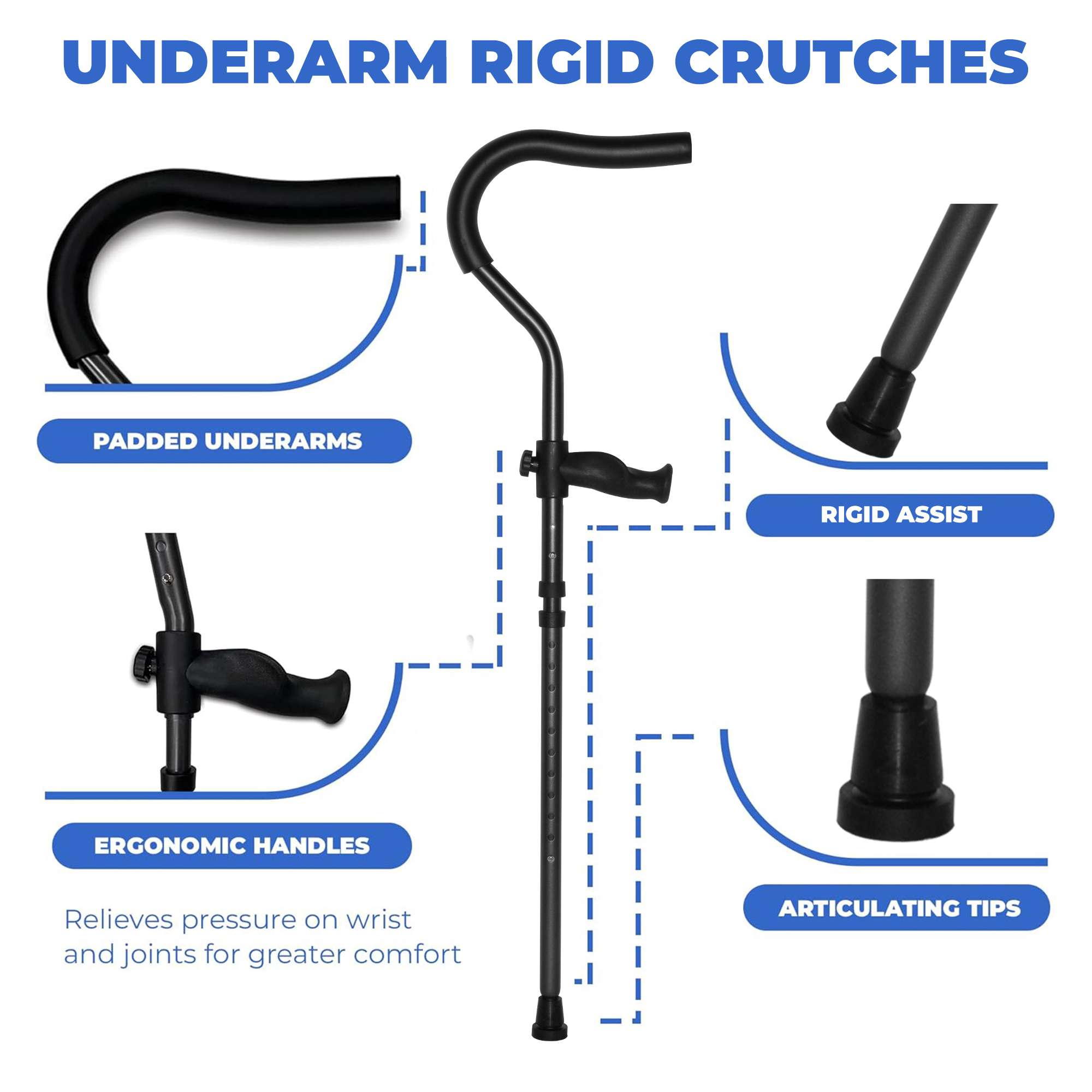 Underarm rigid crutches with ergonomic features description.