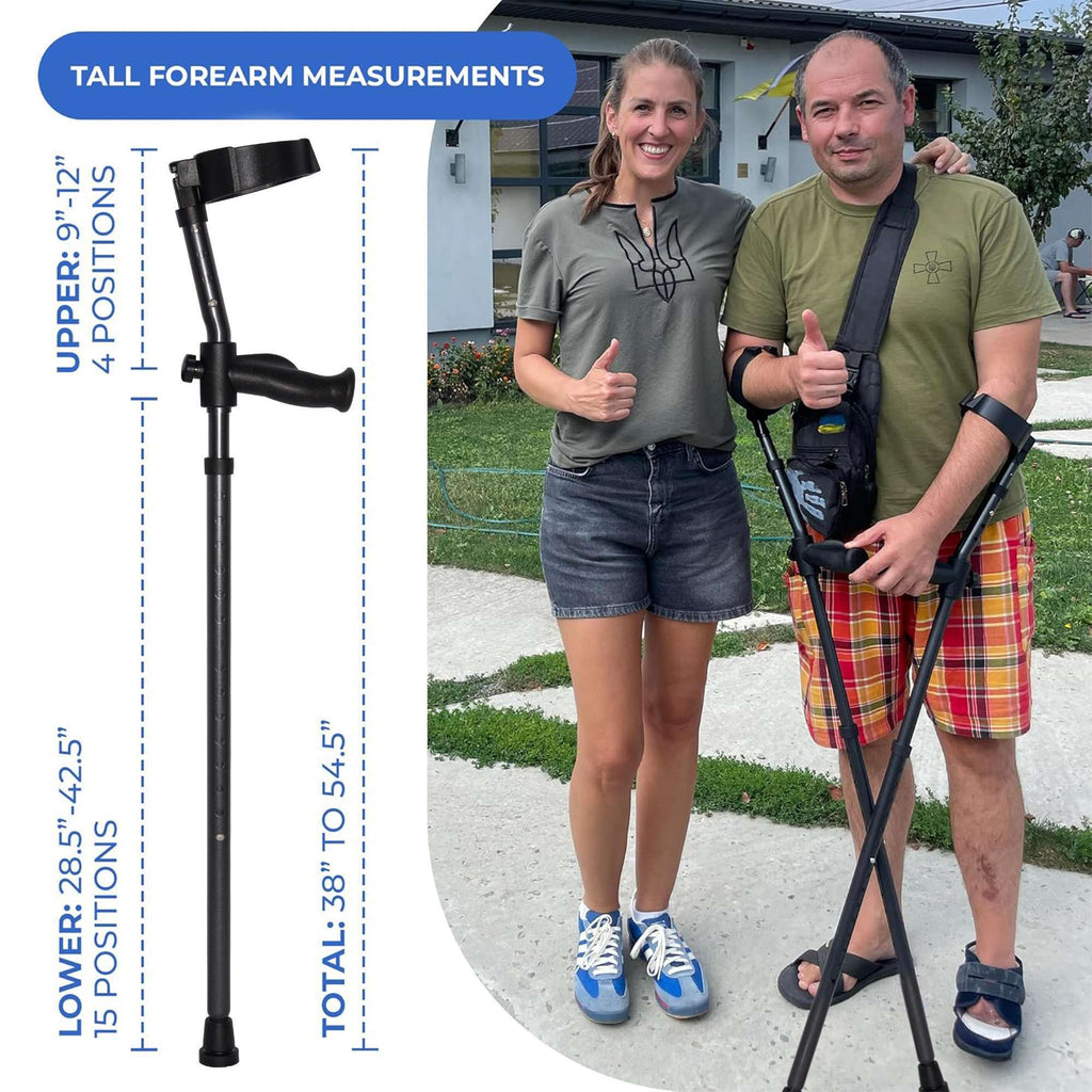 Adjustable forearm crutch, smiling people outdoors.