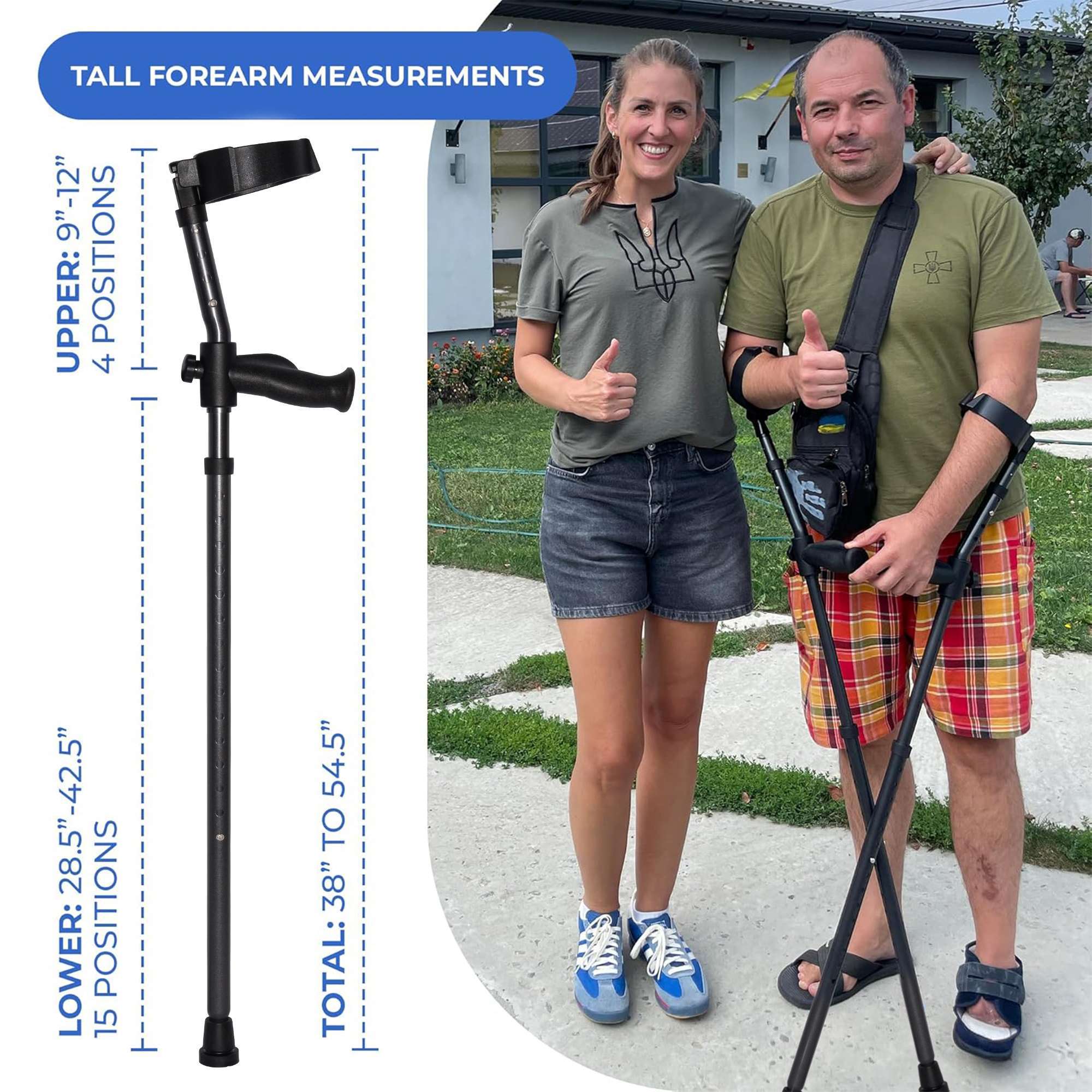 Adjustable forearm crutch, smiling people outdoors.