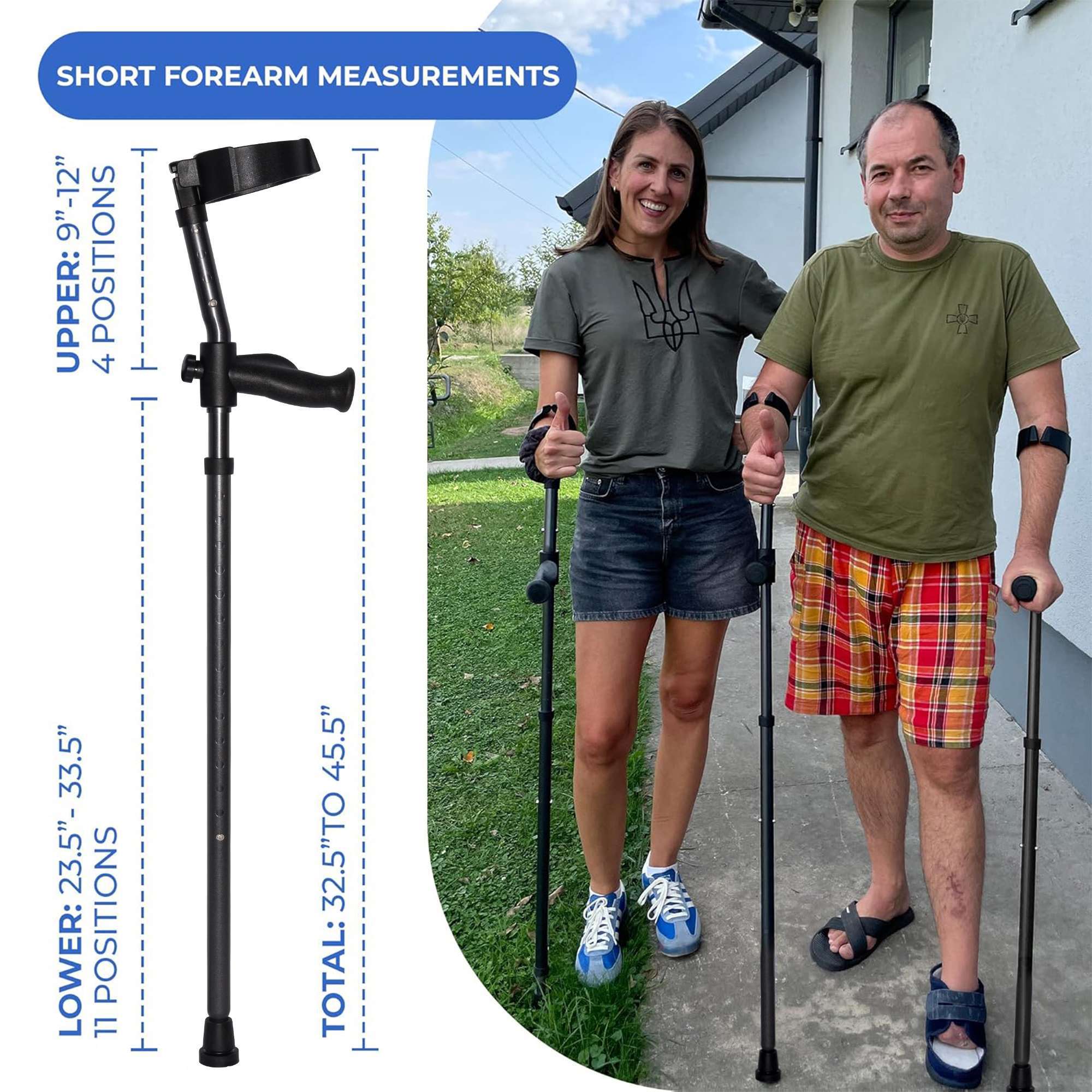Adjustable forearm crutches for mobility support outdoors.