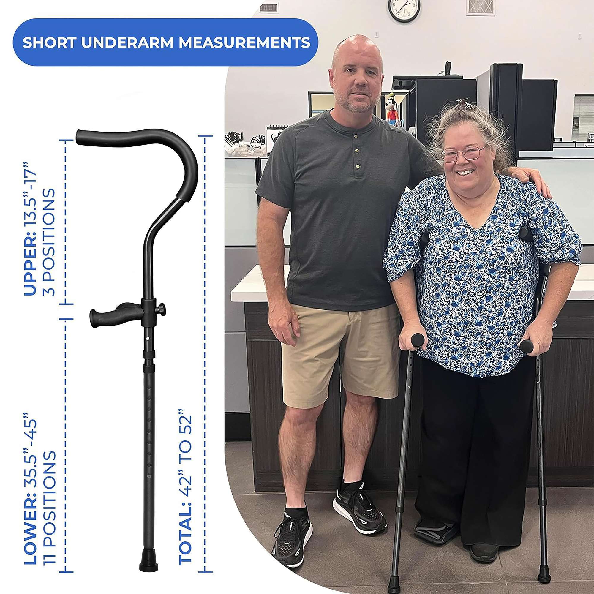 Man, woman with crutches, cane measurements displayed.