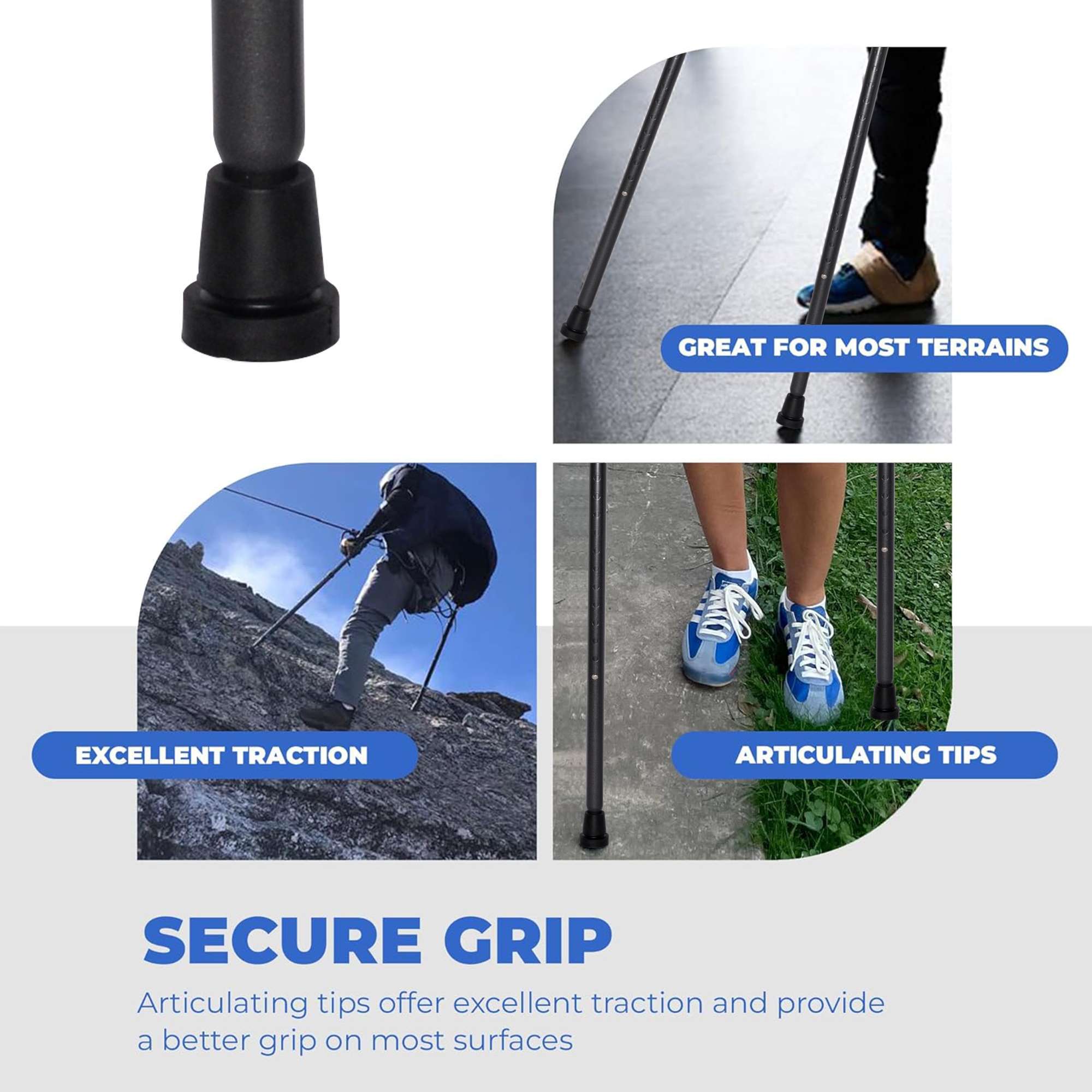 Walking stick tips for secure grip on various surfaces.