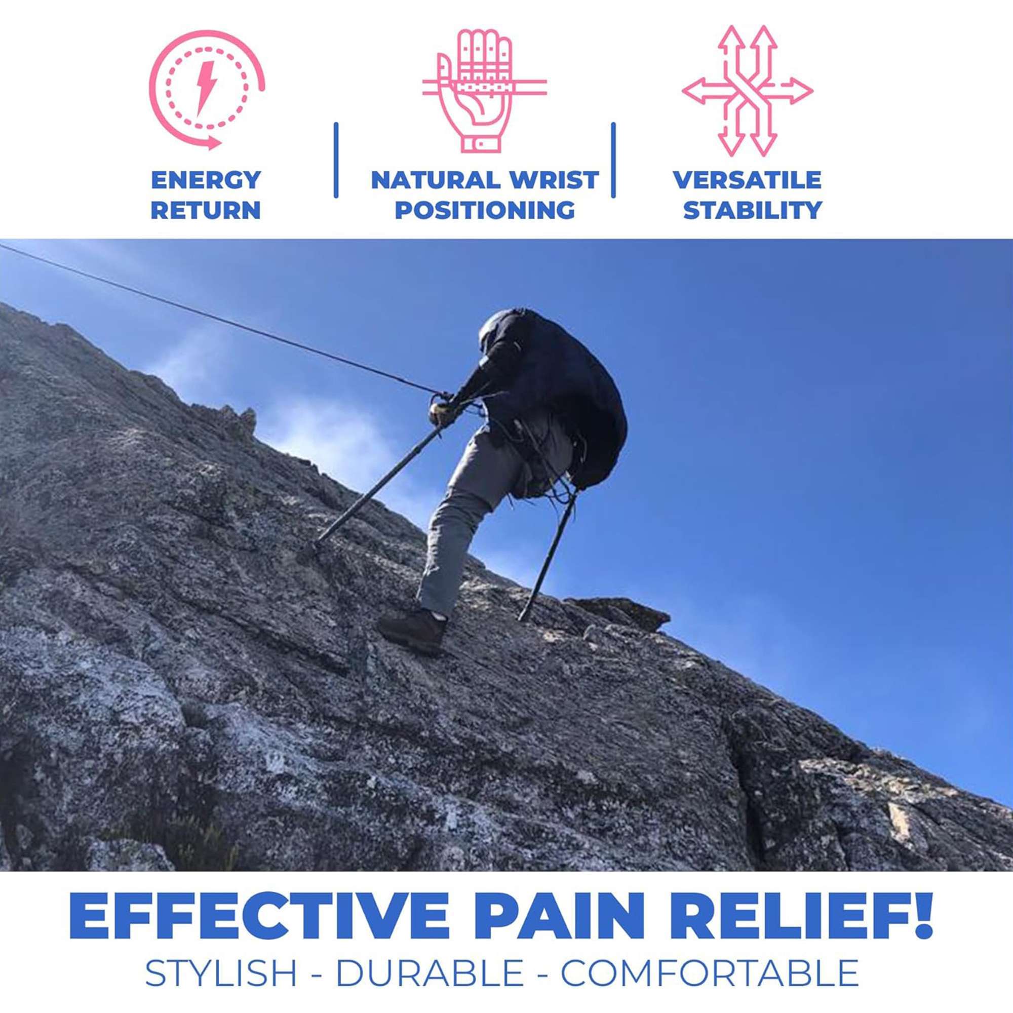 Climber using ergonomic trekking poles on rocky slope.