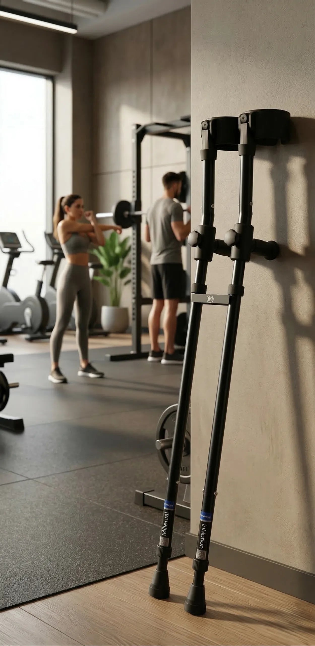 Crutches leaning on wall in a modern gym.