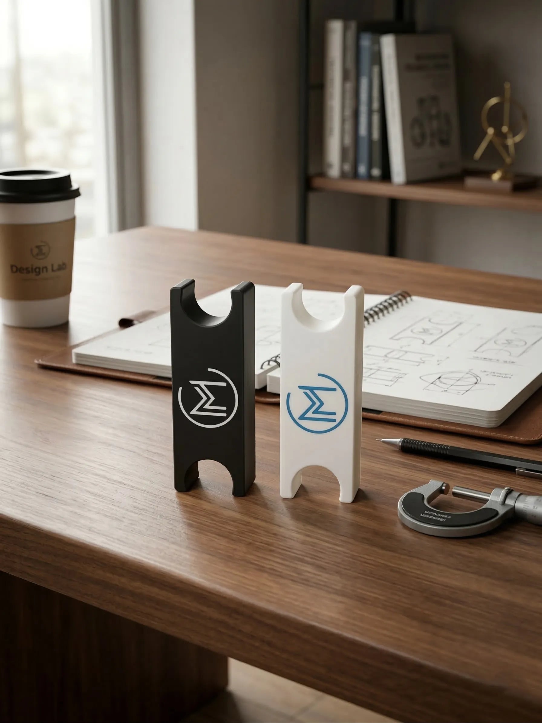 Black and white phone stands on wooden desk.