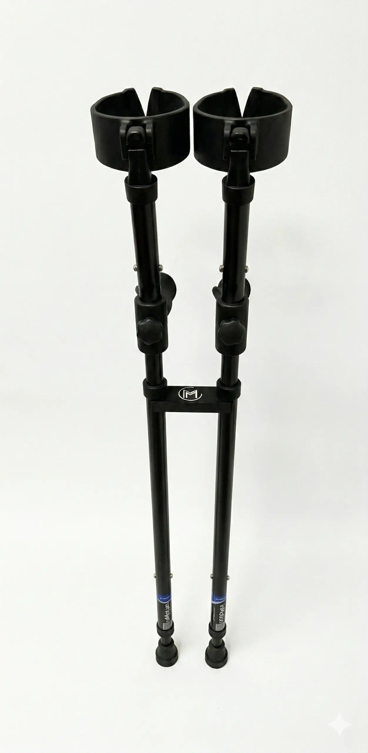 Pair of black forearm crutches on white background.