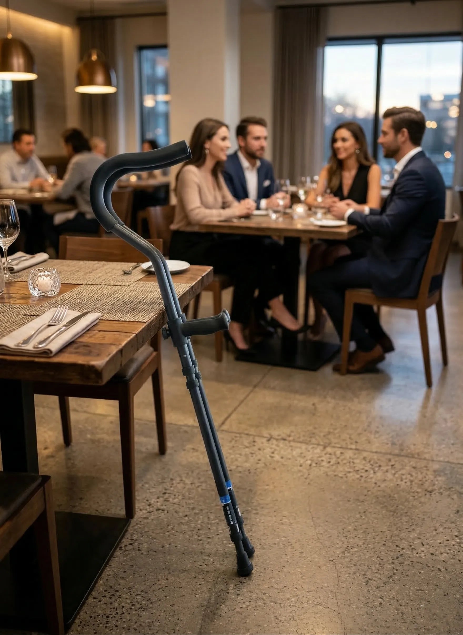 Table with crutches, group dining in restaurant.