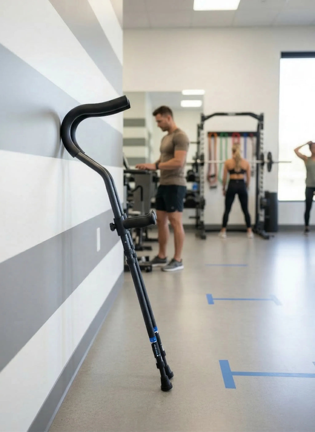 Gym scene with crutch and two people exercising.