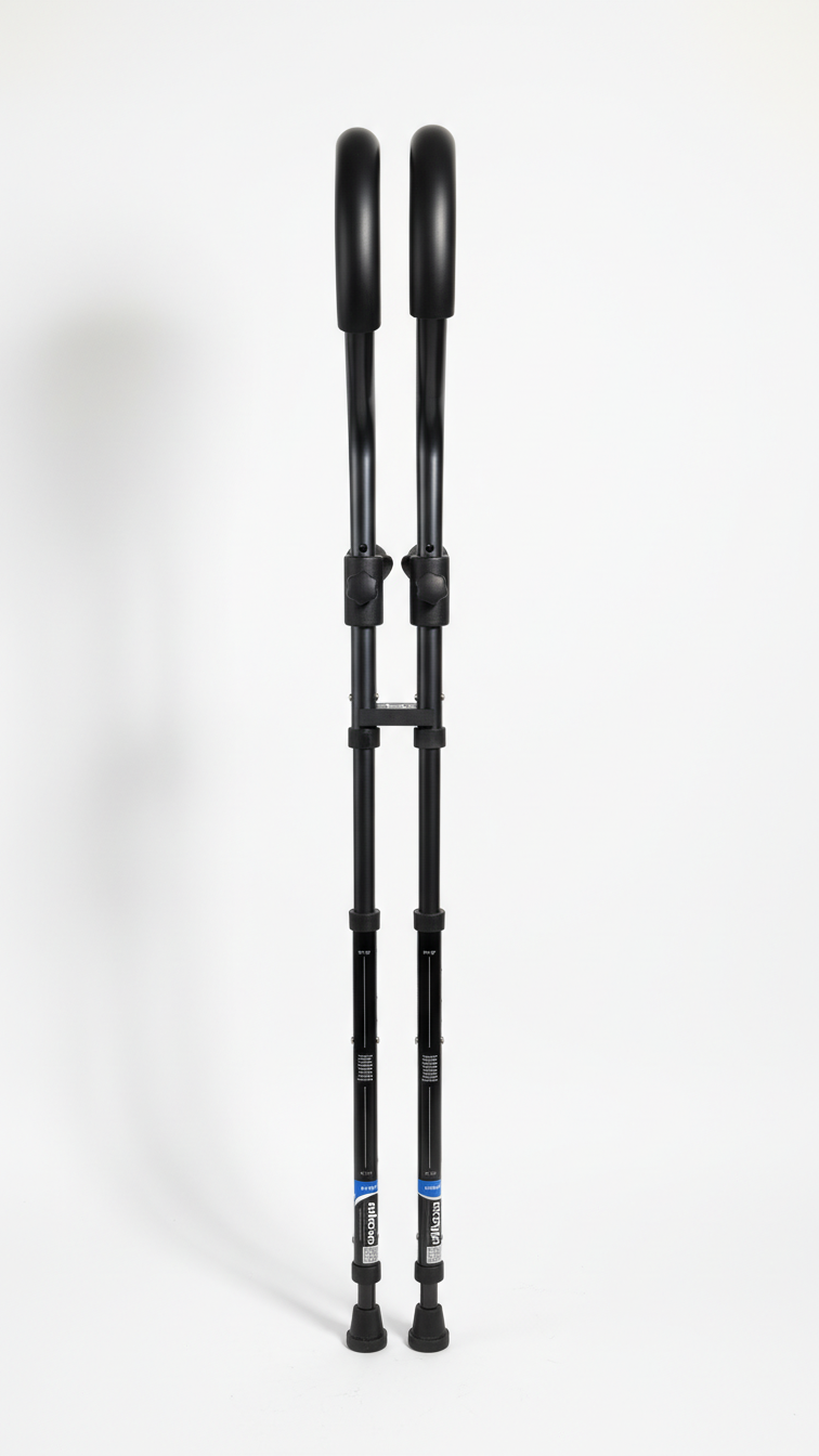Black adjustable crutches for mobility support.