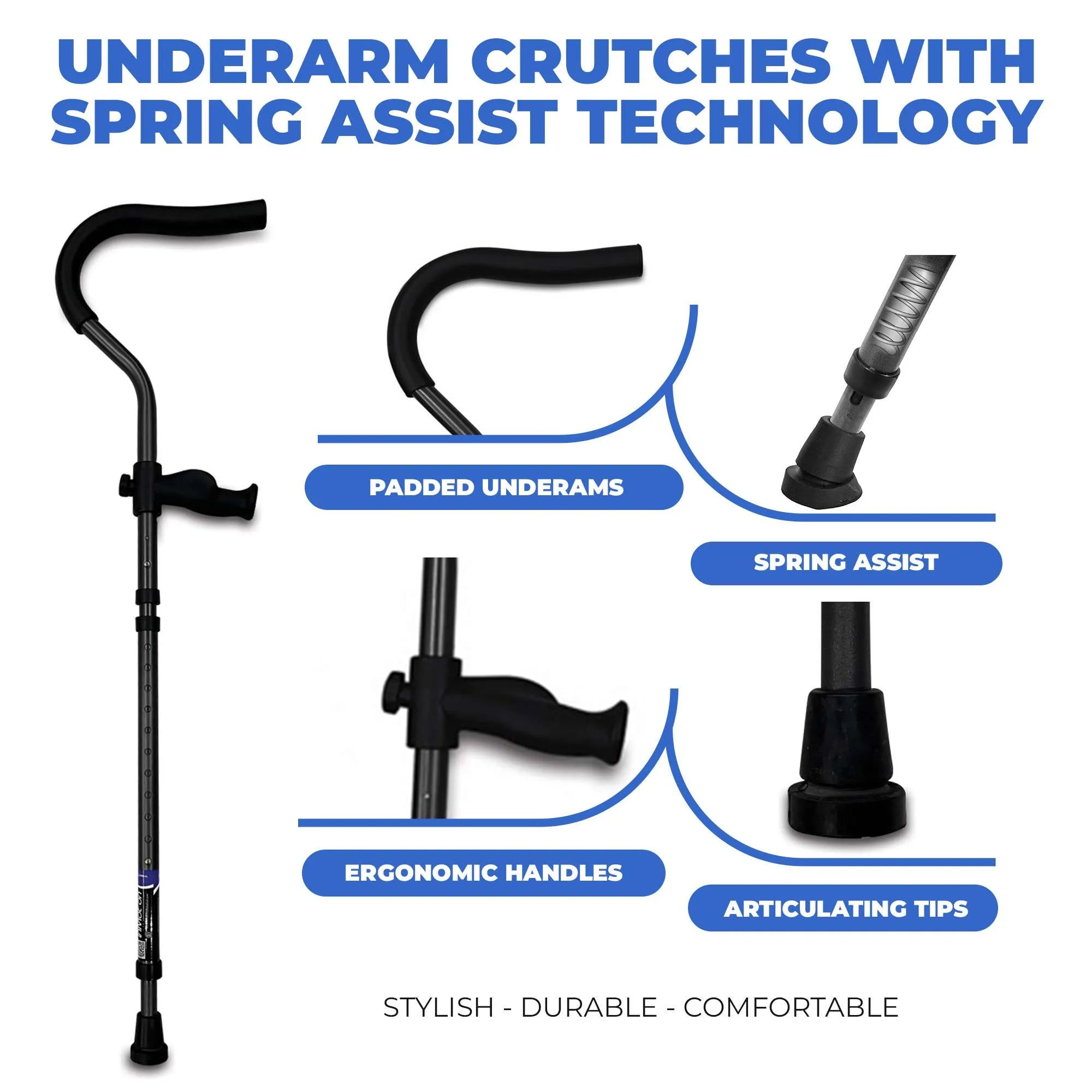 In-Motion Pro Underarm Crutches — Rigid Post, Lightweight, Foldable