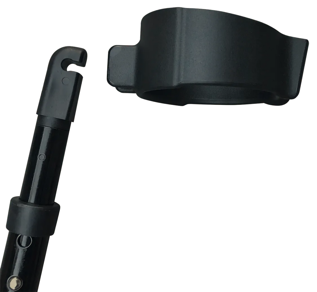 Black cane with adjustable wrist strap.