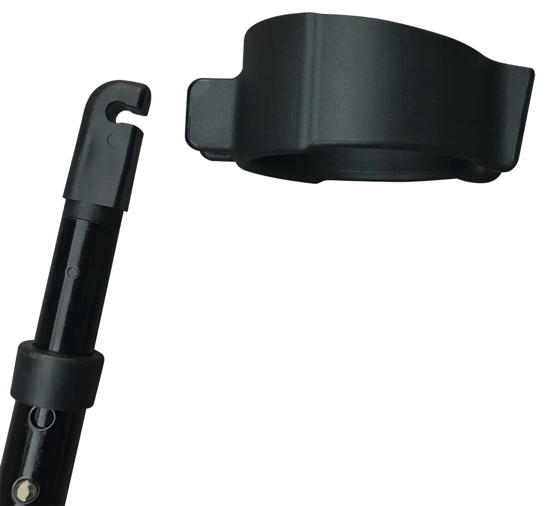 Black cane with adjustable wrist strap.