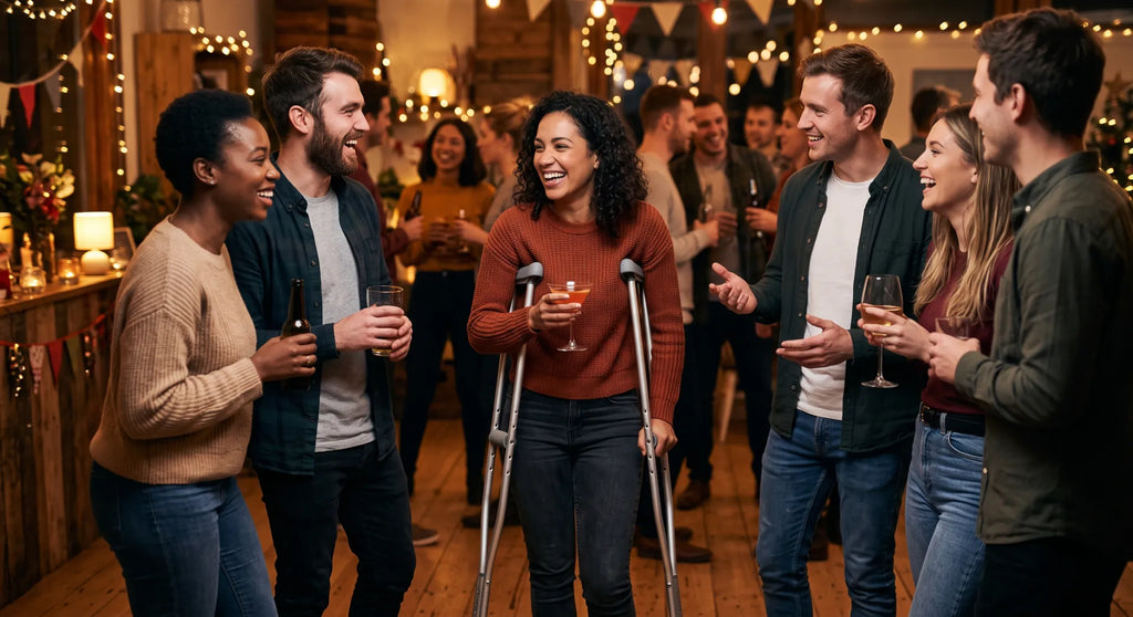 Friends laughing at cozy party, woman on crutches