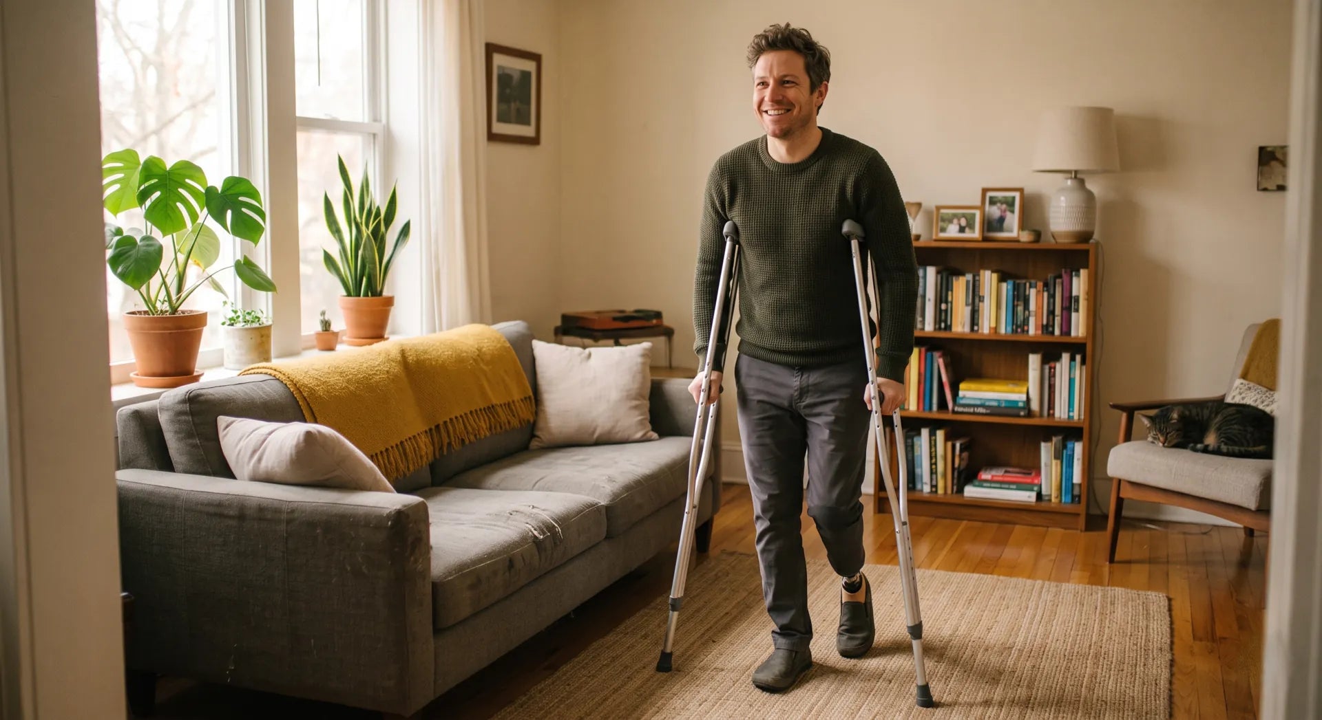 Man using crutches in cozy living room