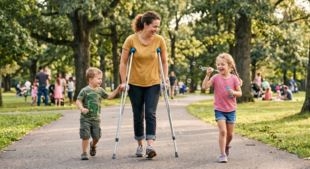Mother on crutches walking with children in park