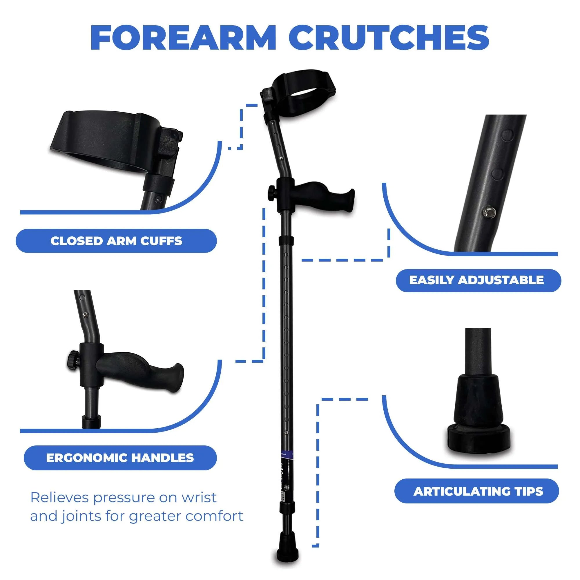 Adjustable ergonomic forearm crutches with closed arm cuffs.