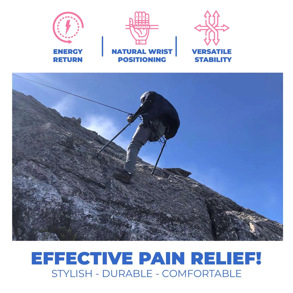 Climber using ergonomic poles on rocky terrain.