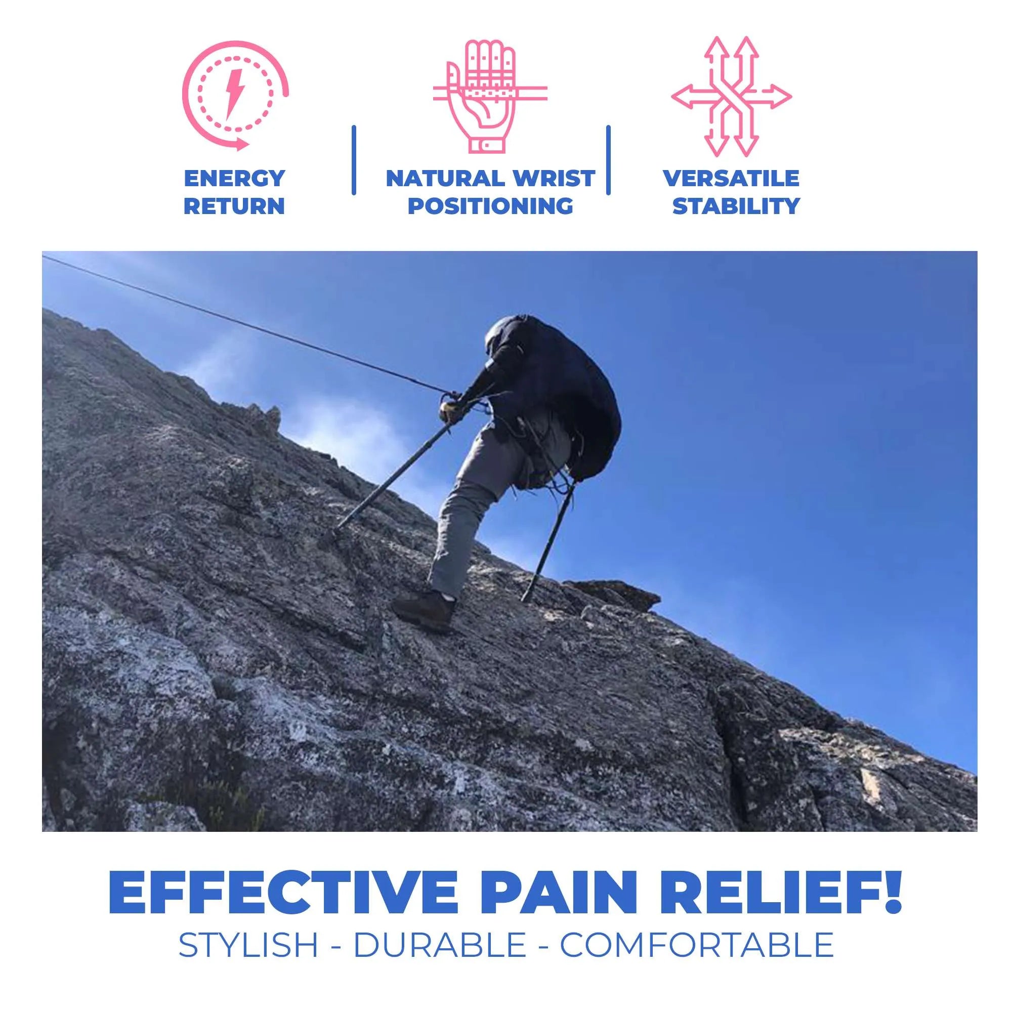 Climber using ergonomic poles on rocky terrain.