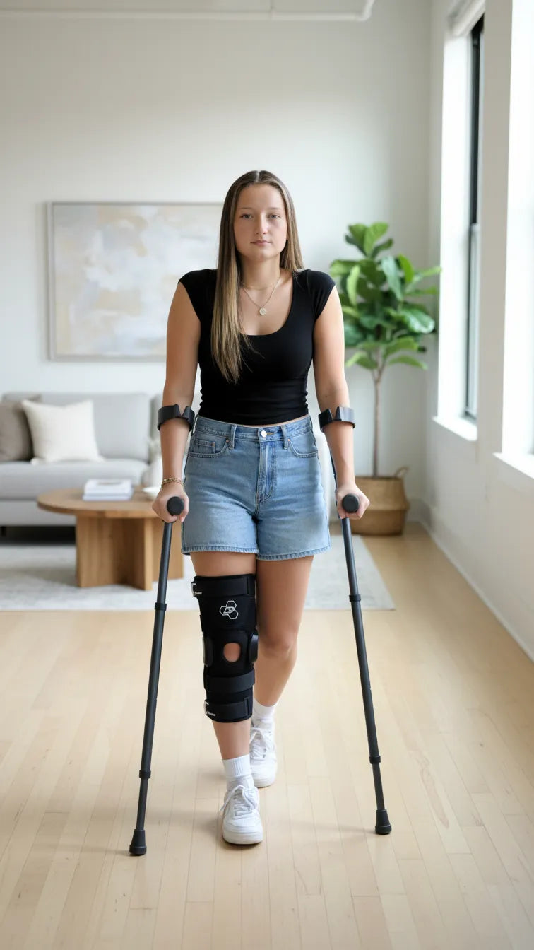 Person walking with crutches and leg brace indoors.