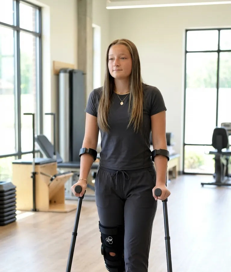 Person in gym using crutches for support.