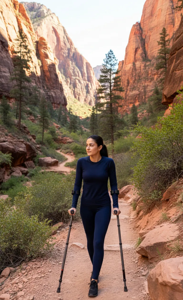 Woman hiking with crutches in scenic canyon.