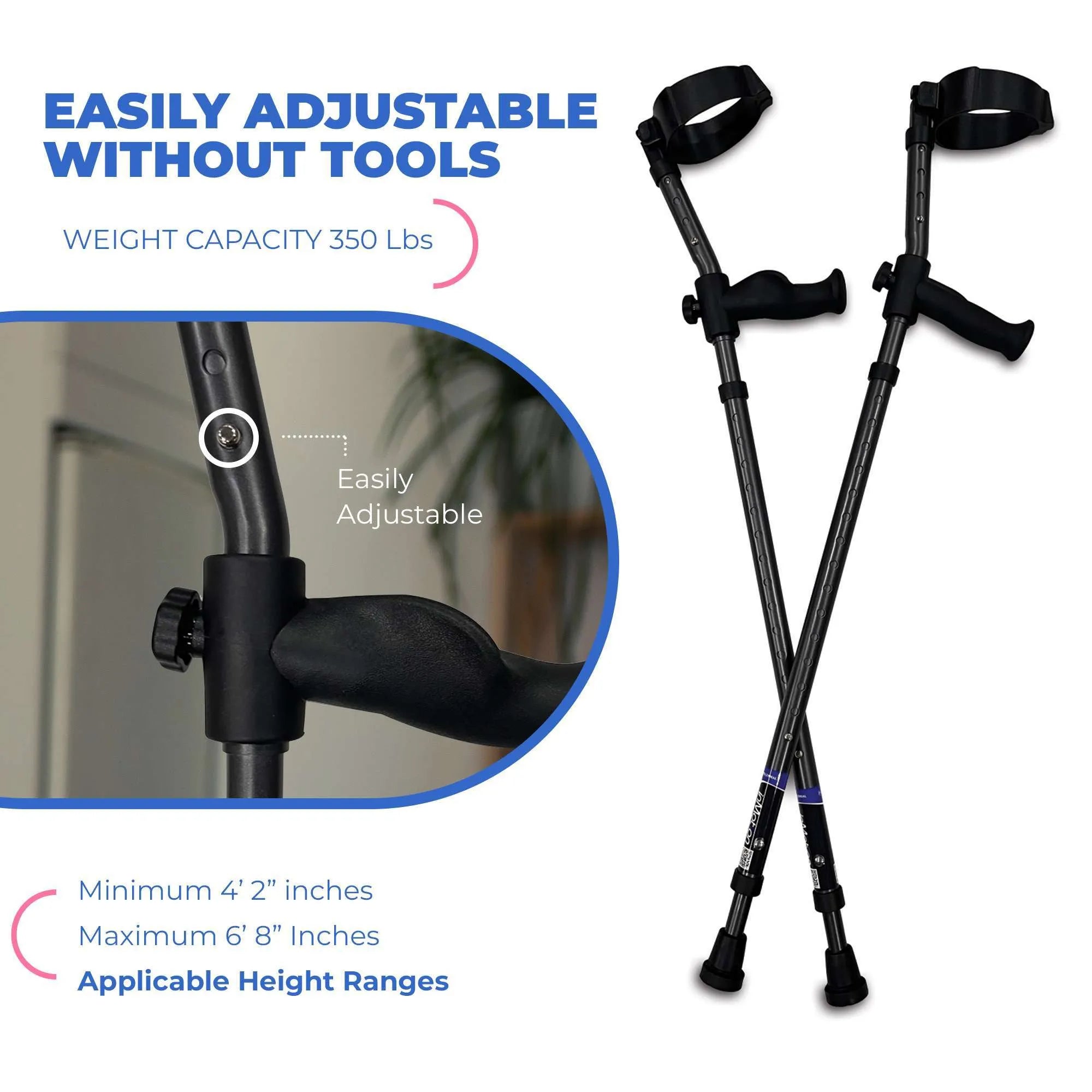 Easily adjustable crutches without tools, 350 lbs capacity.