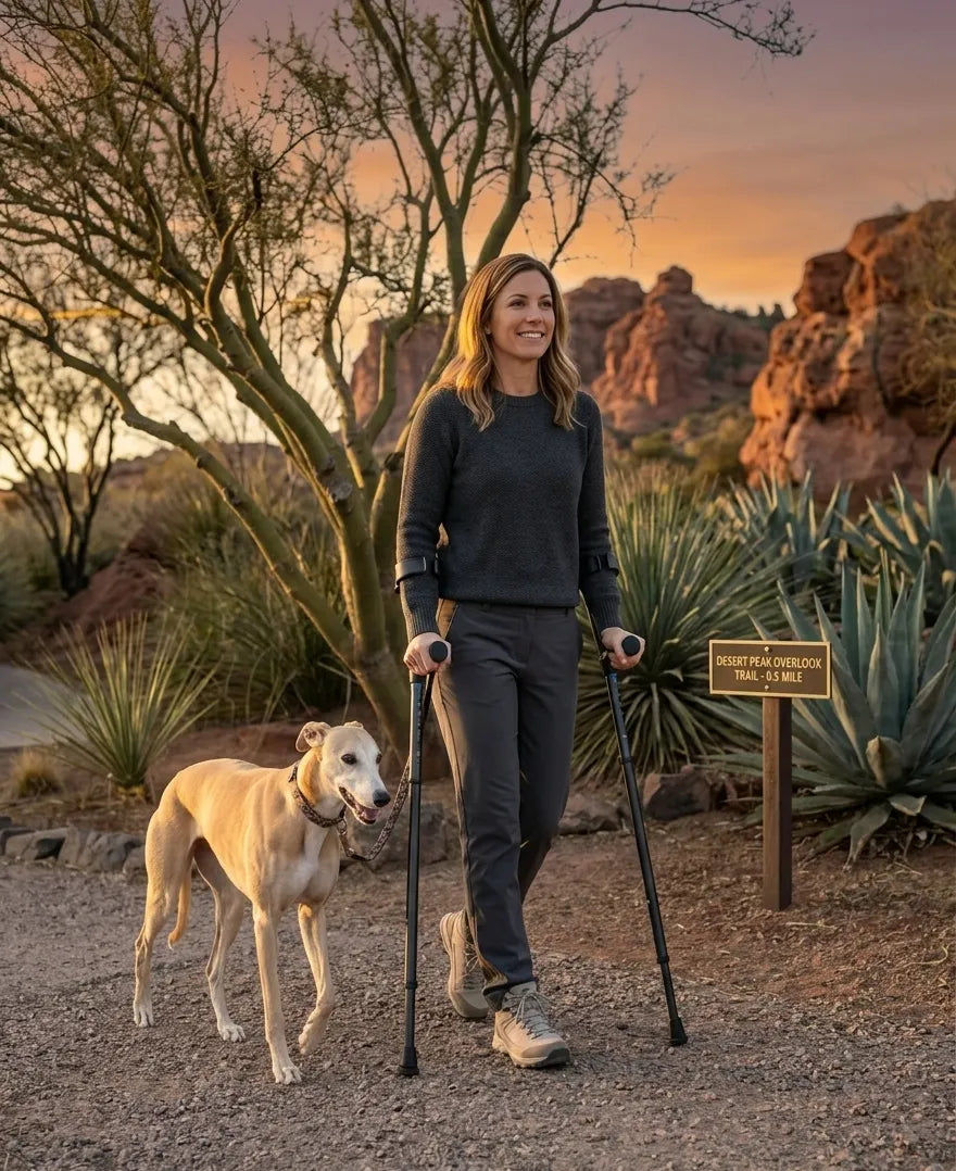 Woman with crutches and dog on desert trail