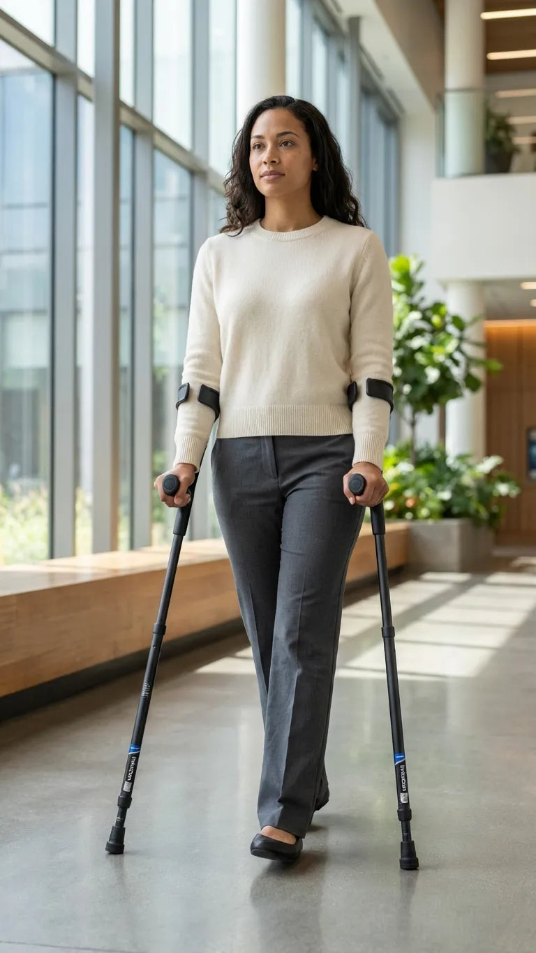 Person using crutches walking in modern building
