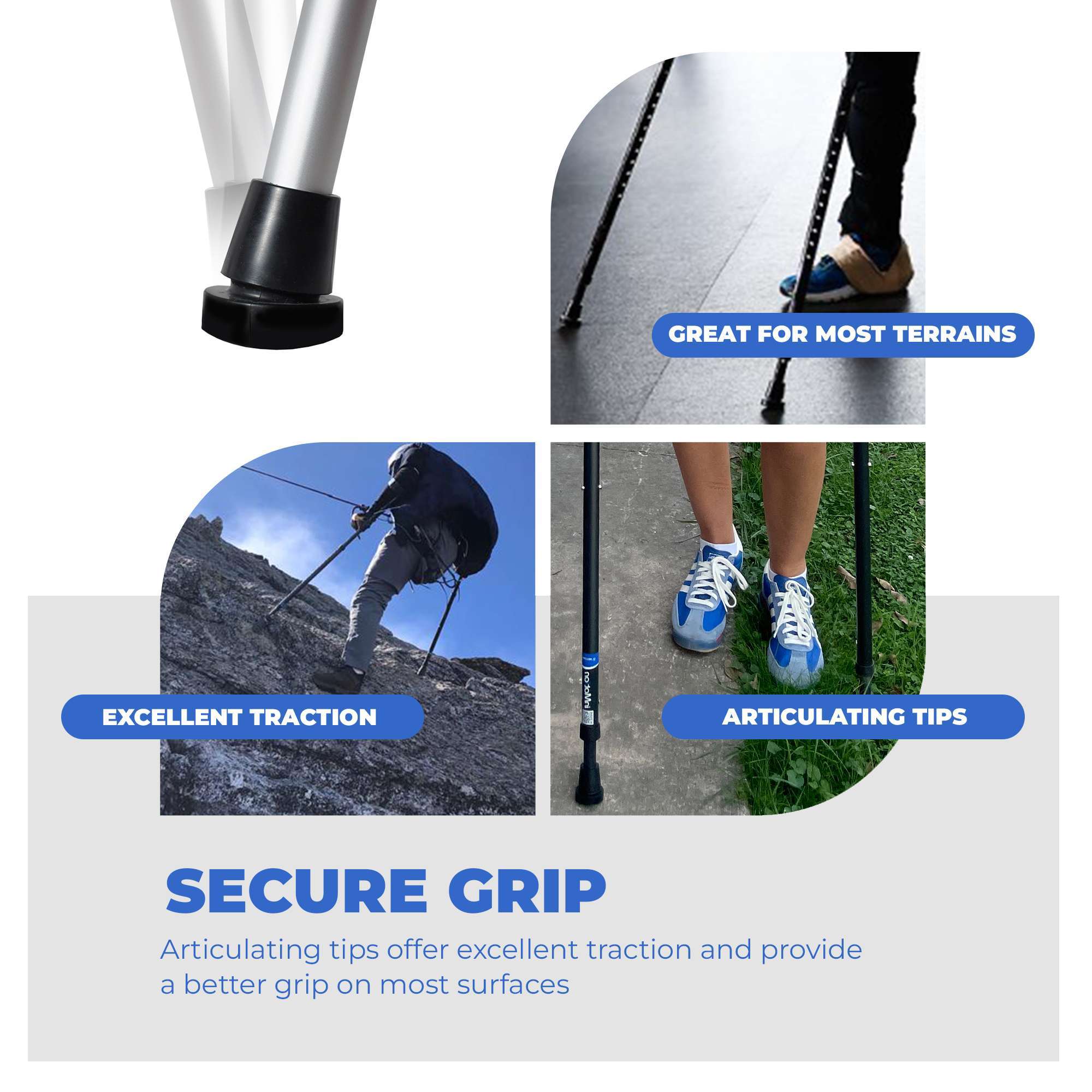 Walking cane with secure grip, articulating tips for traction.