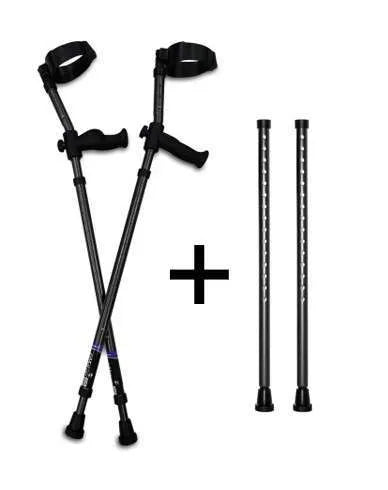 Pair of adjustable crutches with rubber tips.