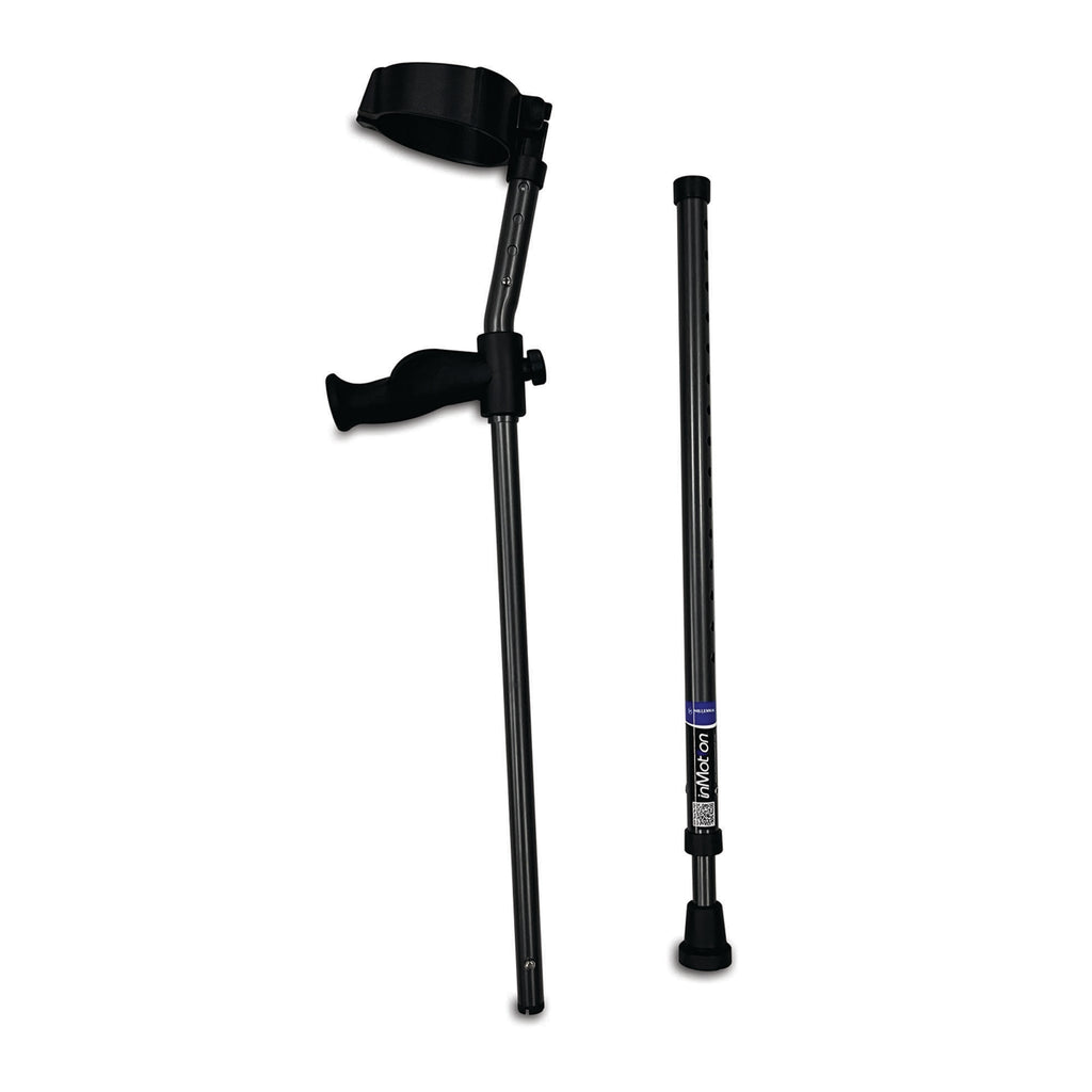 Adjustable black crutches on white background.