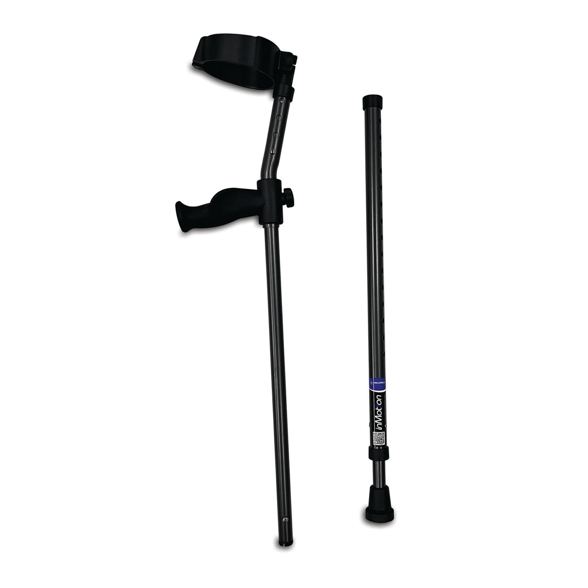 Adjustable black crutches on white background.
