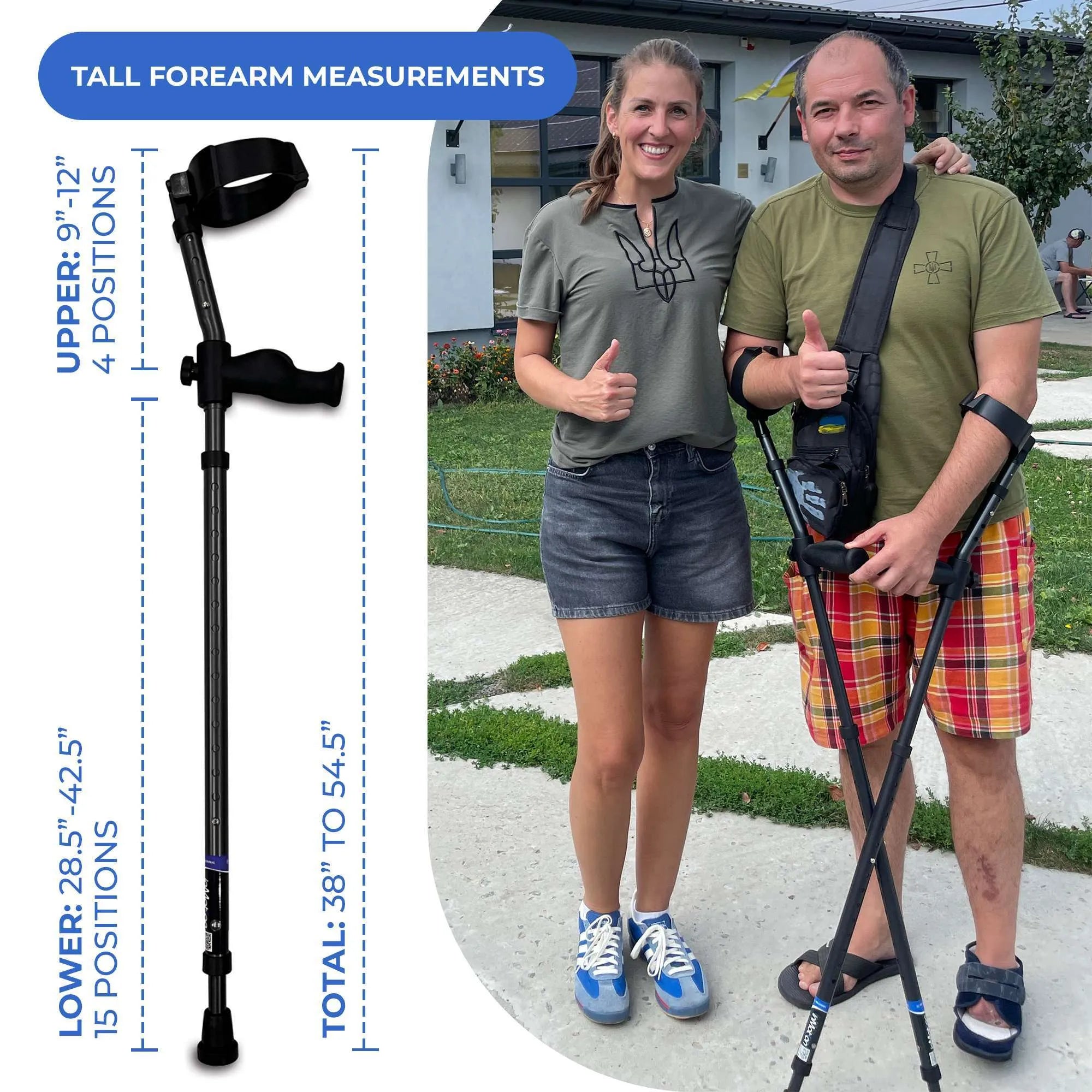 Man with adjustable crutch and smiling woman outdoors.