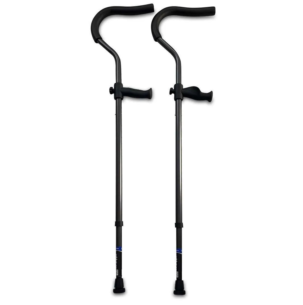 Two ergonomic black forearm crutches for mobility support.