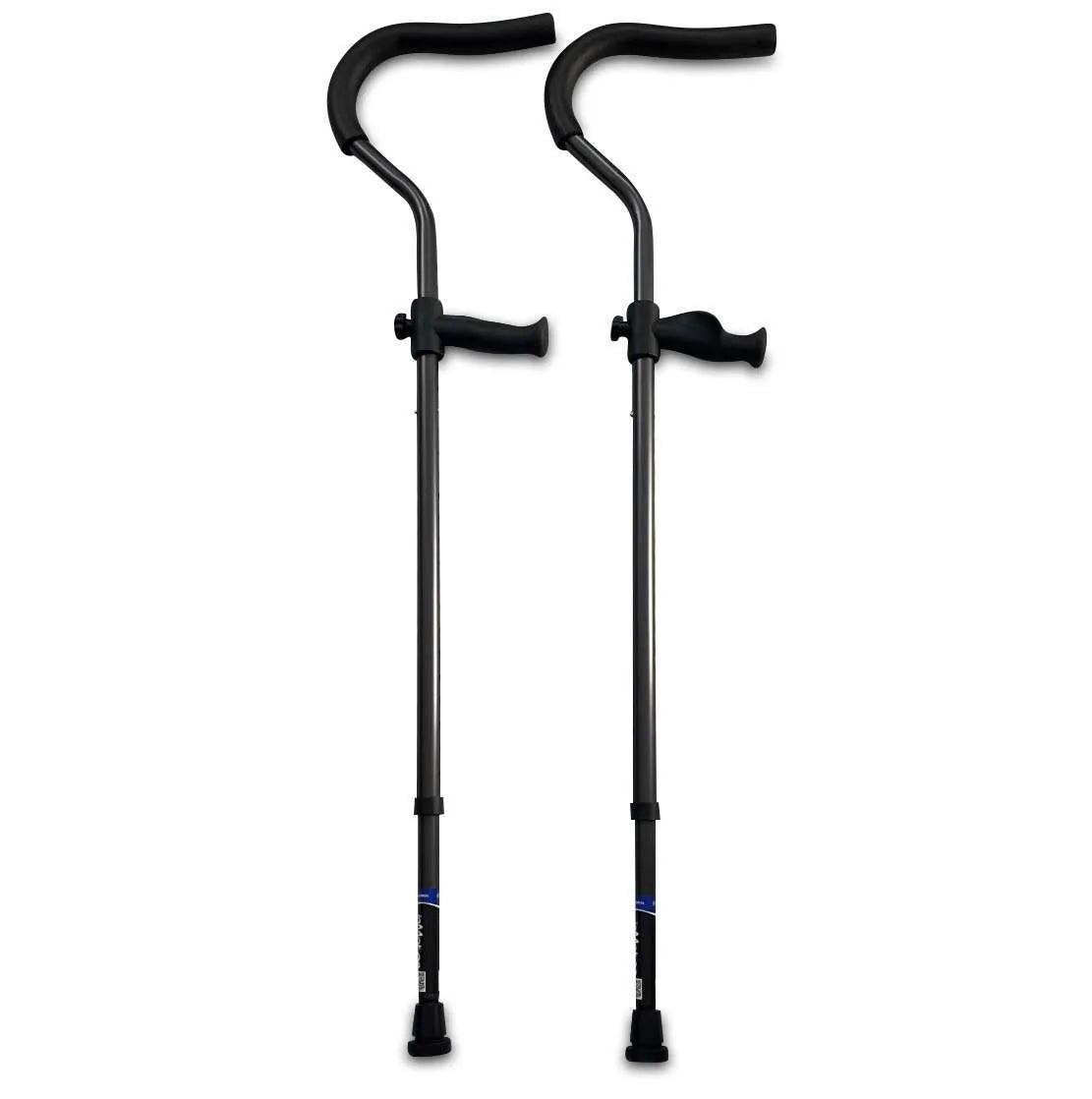 Two ergonomic black forearm crutches for mobility support.