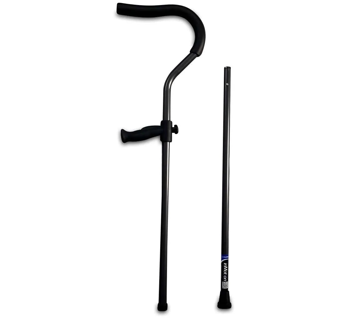 Black walking cane with ergonomic handle.