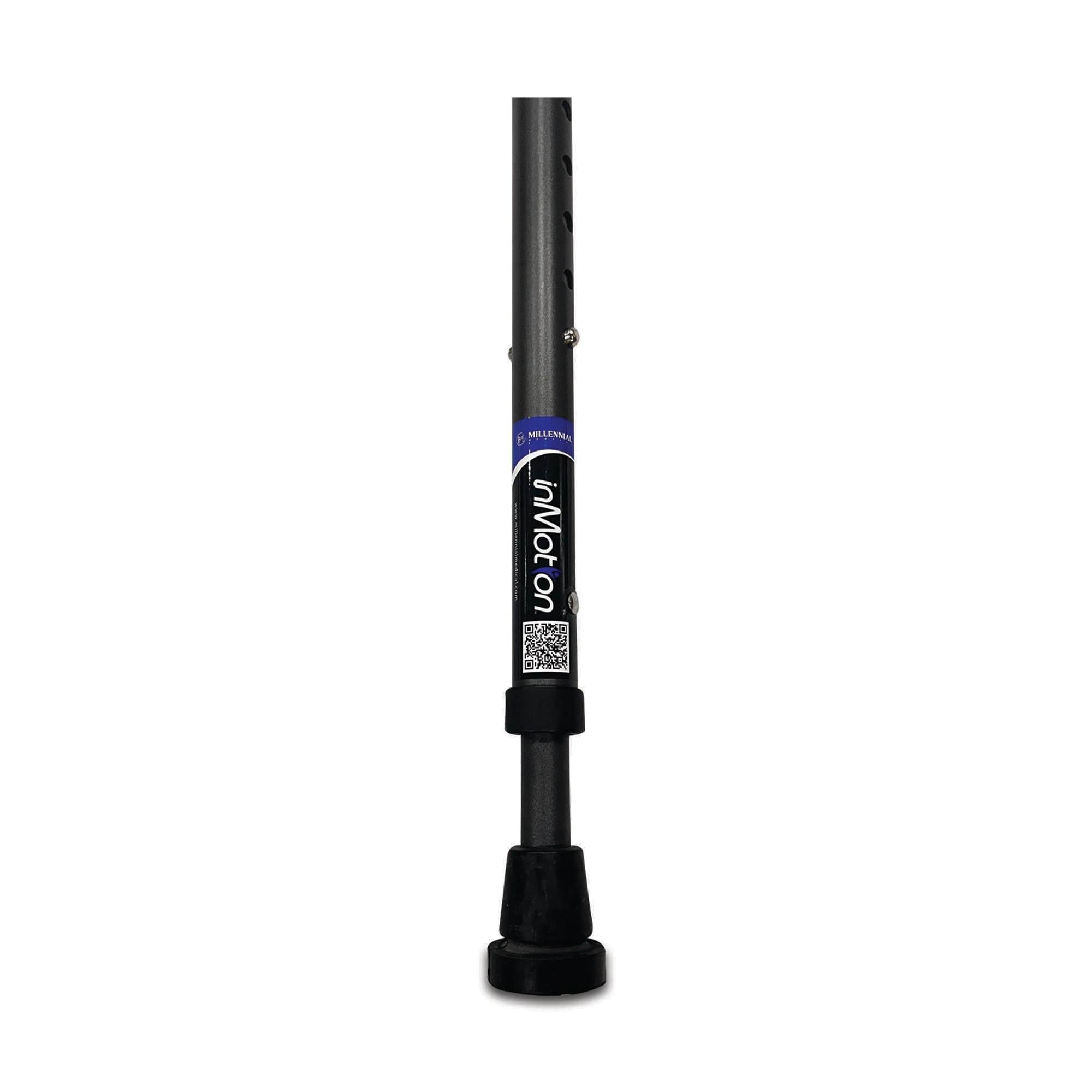 Black adjustable walking cane with QR code.